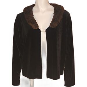 CLIO Vintage Black Crushed Velvet Cardigan Jacket Brown Faux Fur Collar Size PL